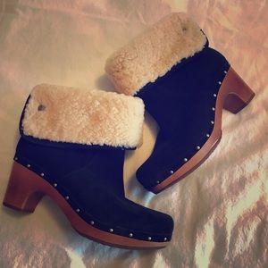 UGG Lynnea Black Suede Shearling Wood Clog Boots